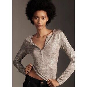 Pilcro Anthropologie Andie Ribbed Henley Top Long Sleeve Silver XS 4112265640058